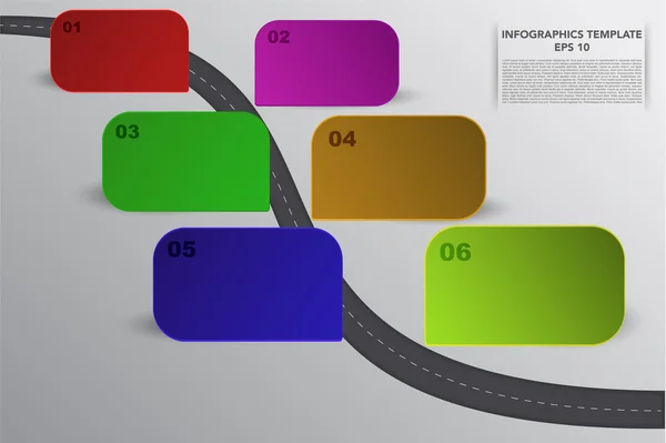 Šest kroků časové osy infografiku s 3d objekty rectangle v různých barvách a vlastní stíny. 6 kroků obchodní infografiku s silnici Plnostihla, 6 3d nápisů a ruku nakreslené čáry na šedé přechodu pozadí. — Stockový vektor