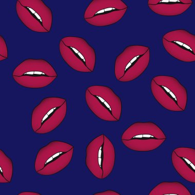 Dikişsiz desen tam baştan çıkarıcı seksi dudakları koyu mavi arka plan görünür dişlere sahip. Pop art yarım açık ağız tatlı dudakları ile bir doku olarak.