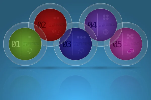 Infographie moderne en cinq étapes de la timeline de l'entreprise en forme arrondie avec cercle extérieur en verre transparent sur fond bleu dégradé avec réflexion. 5 options diagramme arrondi coloré avec des icônes de contour . — Image vectorielle