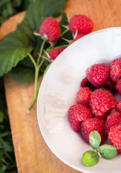 A plate with fresh raspberries on a wooden cutting board, next to a fresh berry, green leaves on the grass. The concept of a diet, eco-food, separate nutrition, veganism, a healthy lifestyle. — Stock Photo, Image