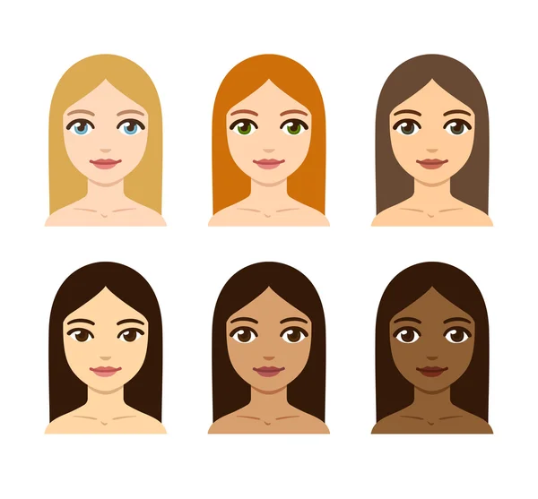 Women skin and hair color variety — Stock Vector
