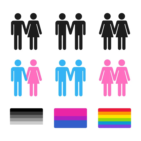 Couples hétérosexuels et homosexuels avec drapeaux — Image vectorielle