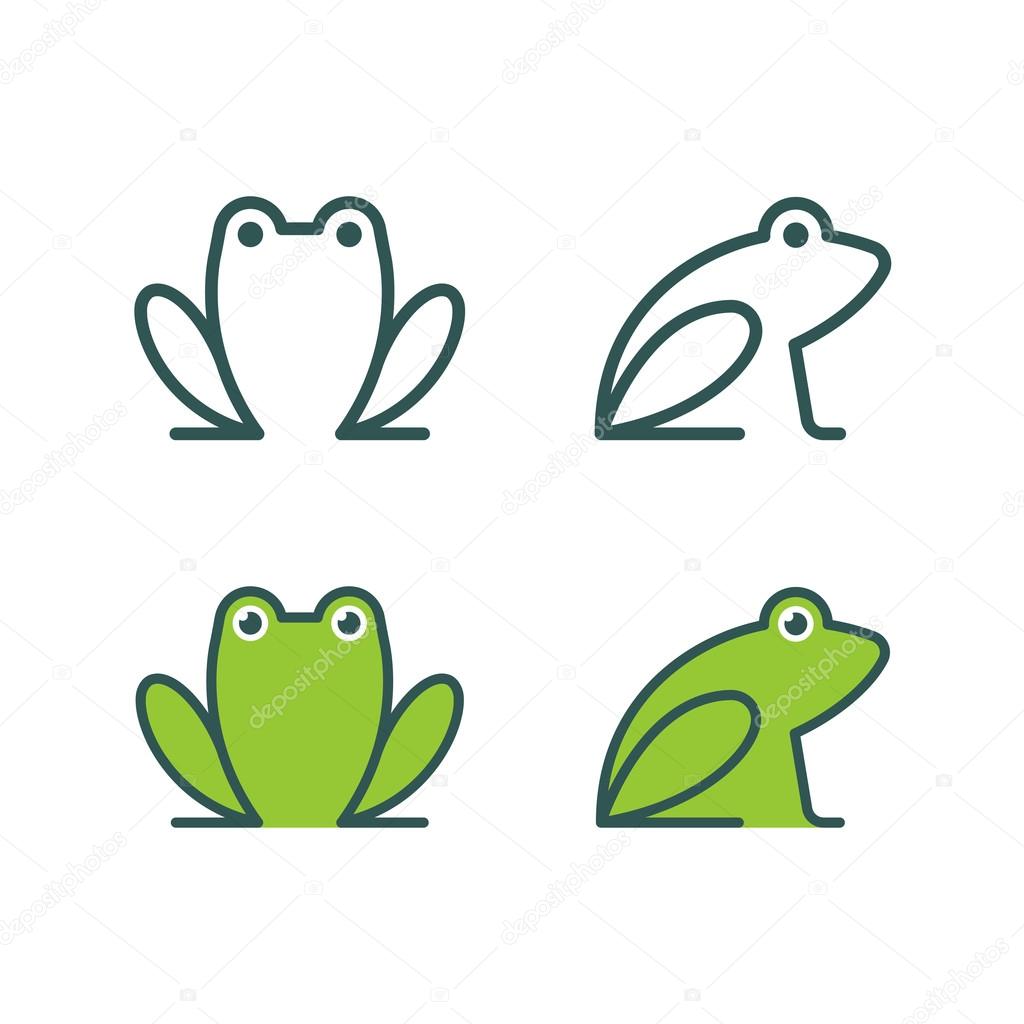 Minimalistic stylized catroon frog logo. Line icon and colored version, front view and profile. Simple frog or toad vector illustration set.