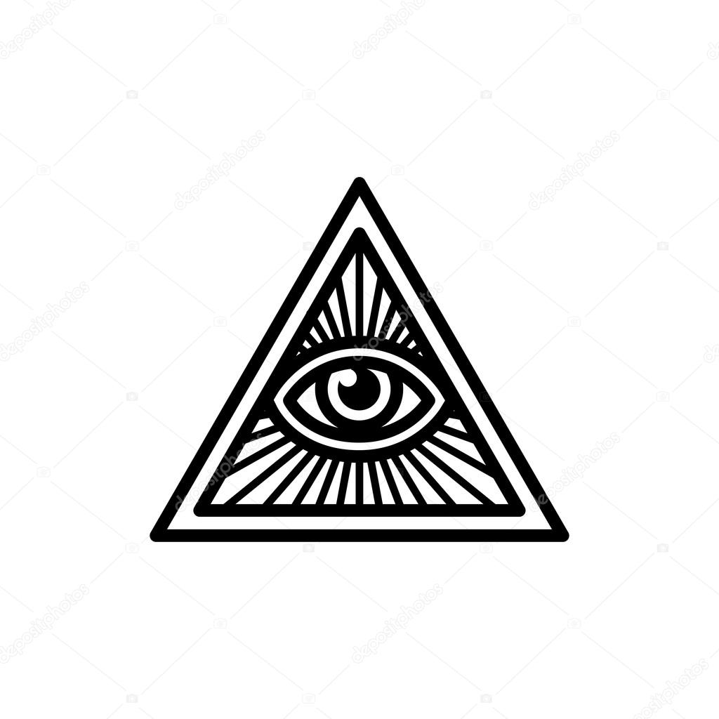 Masonic symbol, All Seeing Eye inside triangle with beams. Isolated vector illustration, geometric line icon.