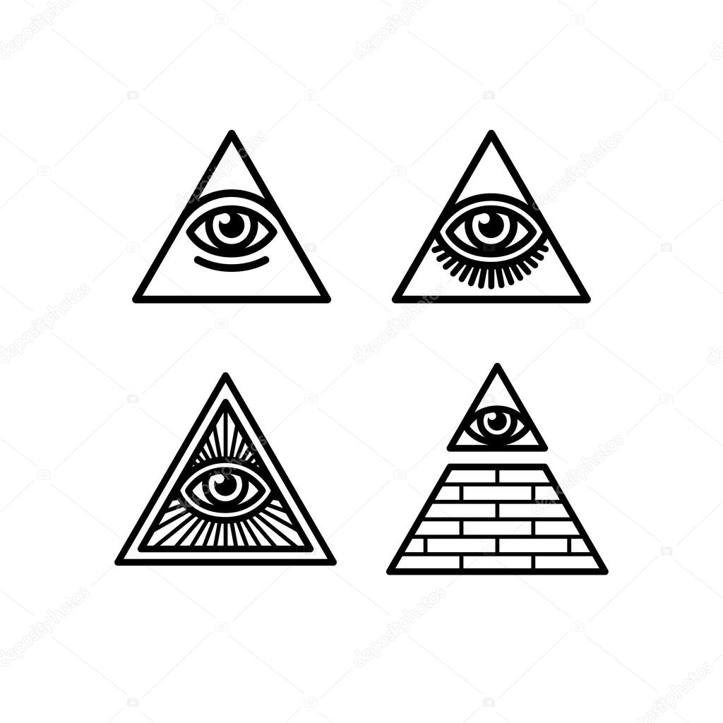All Seeing Eye icons set. Illuminati symbol in different styles.