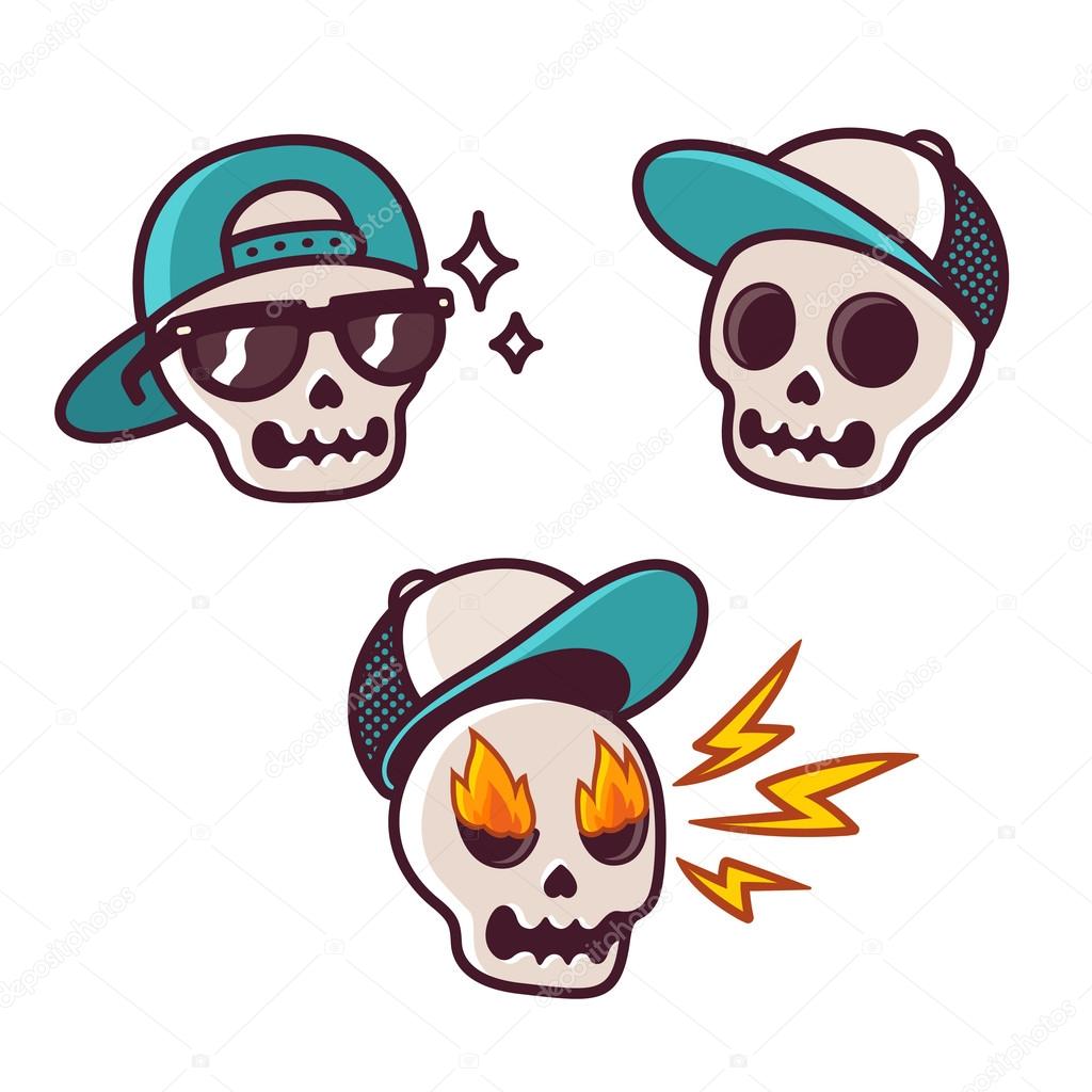 Set of funny cartoon skull character in baseball cap. Cool skull with sunglasses, angry with flame in eyes. Sticker collection.