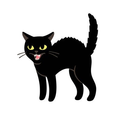 Kızgın siyah kedi tıslıyor ve tehditkar. Sırtı kemerli ve kürkü kalkık. Basit karikatür çizimi, izole vektör klipsi resim çizimi.