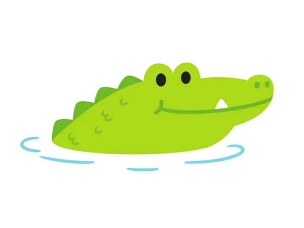 可爱的卡通鳄鱼或鳄鱼把头伸出水面 有趣的剪贴画在简单的平面卡通风格 孤立矢量剪贴画 — 图库矢量图片