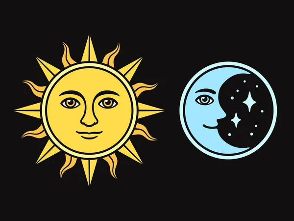 Słońce Księżyc Twarzą Vintage Styl Rysunek Czarnym Tle Izolowana Ilustracja — Wektor stockowy
