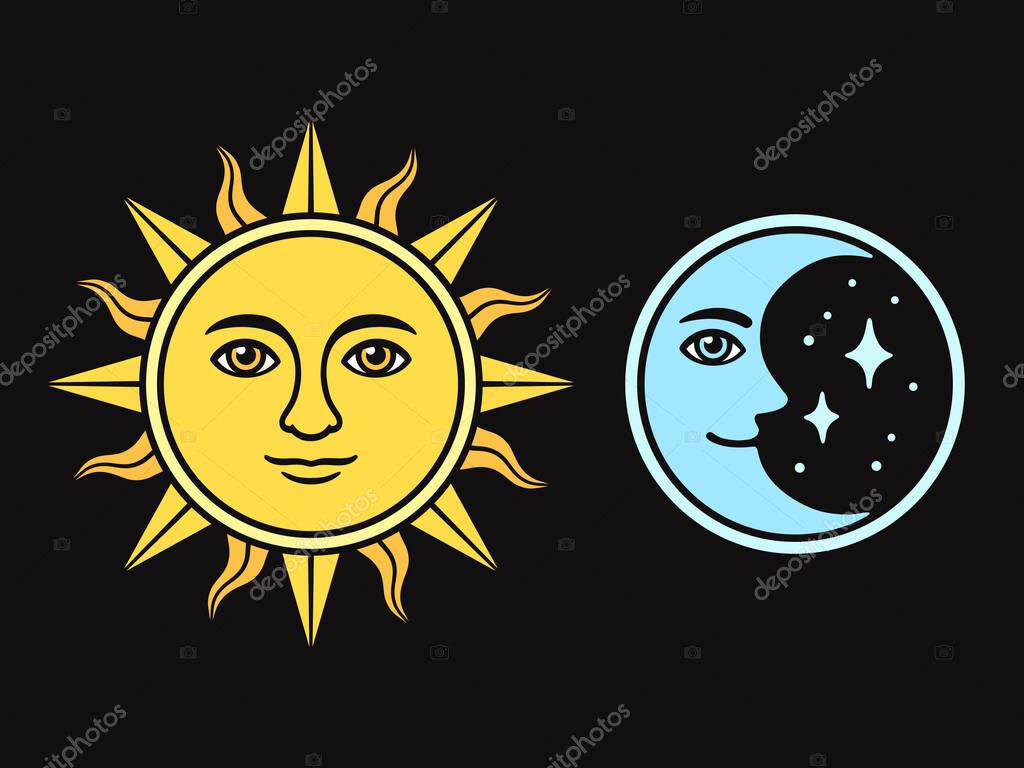Sun and moon with face, vintage style drawing on black background. Isolated vector illustration of antique celestial symbols.