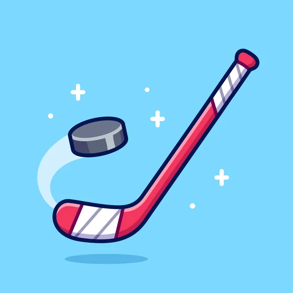 Rode Hockey Stick Raken Hockey Puck Eenvoudige Platte Cartoon Stijl — Stockvector