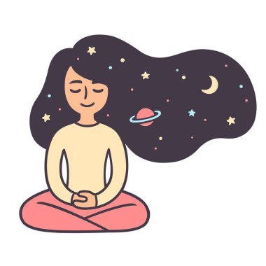 Yıldızlar ve uzay saçlarıyla meditasyon yapan genç bir kadın. İyi geceler uykusu için rahatlatıcı meditasyon. Şirin kız çizimi, vektör çizimi.