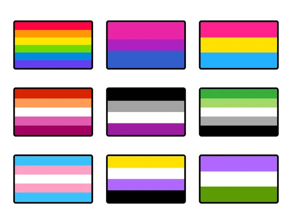 Set Adesivi Bandiere Orgoglio Lgbt Icone Delineate Simboli Identità Sessuale — Vettoriale Stock
