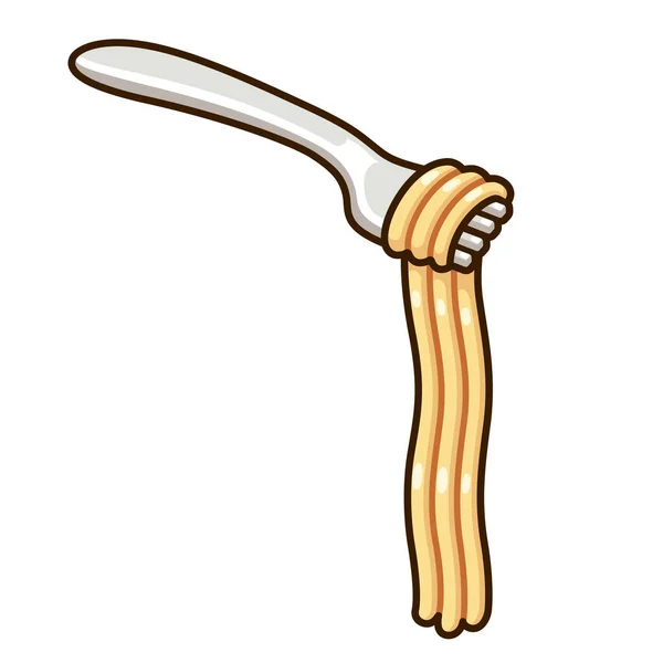 Cartone Animato Disegno Spaghetti Tagliatelle Sulla Forchetta Appendere Pasta Lunga — Vettoriale Stock