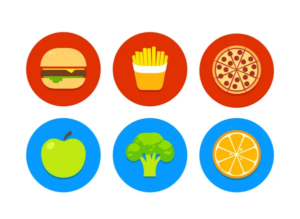 Iconos de la comida: comida chatarra y saludable — Archivo Imágenes Vectoriales
