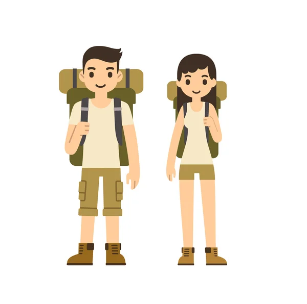 Cute cartoon couple with hiking equipment