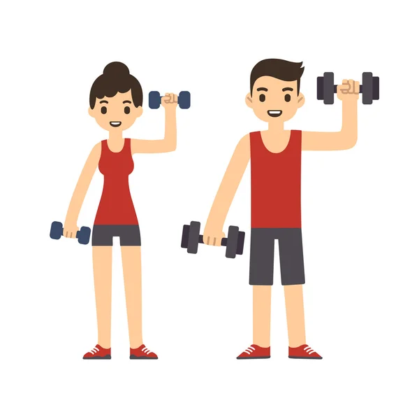 Cute cartoon style couple with dumbbells — ストックベクタ