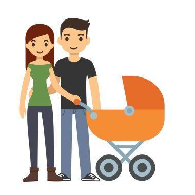 cartoon couple with baby stroller