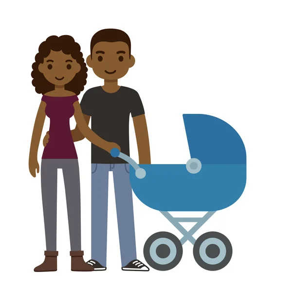 Casal de desenhos animados com carrinho de bebê —  Vetores de Stock