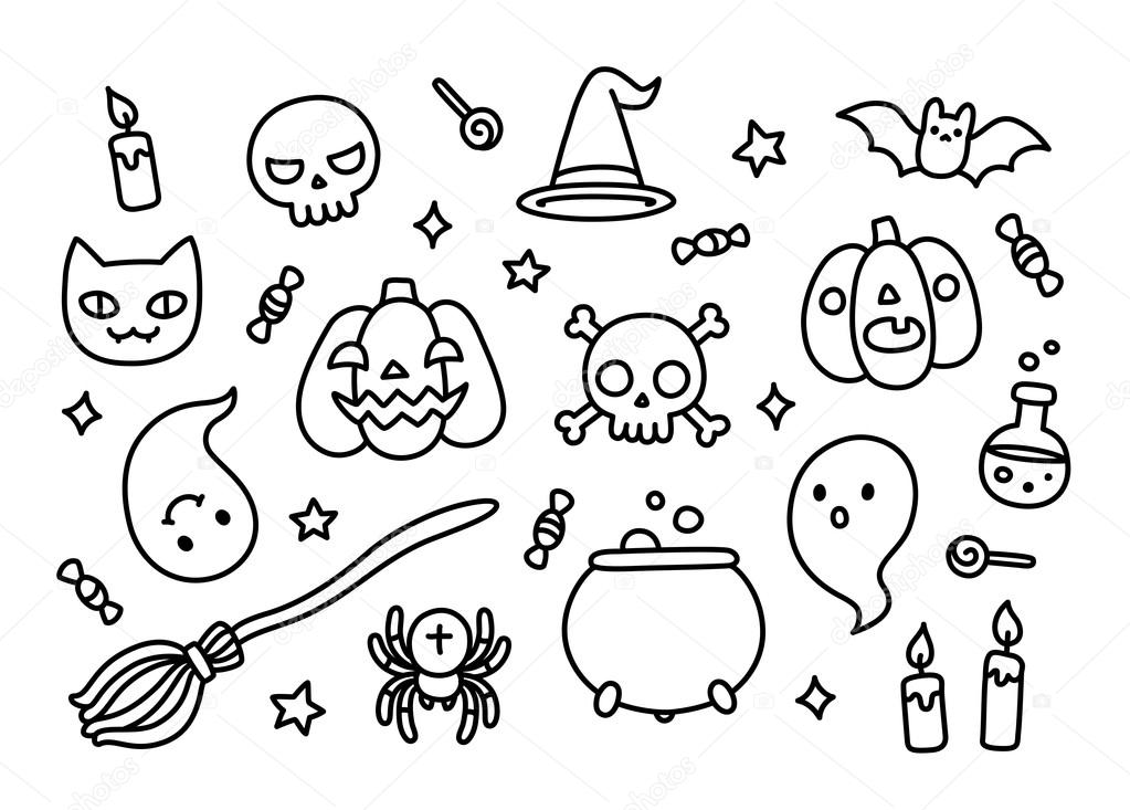 Premium Vector, Set doodle drawing hand drawn halloween black and white
