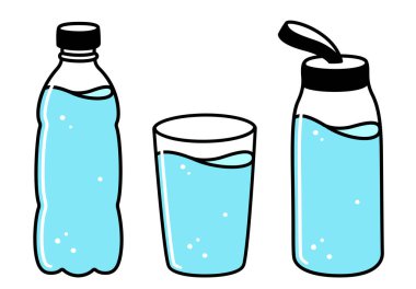 Bir bardak su, plastik su şişesi ve yeniden kullanılabilir cam şişe. Çizgi film çizim seti, izole vektör clipart illüstrasyonu.