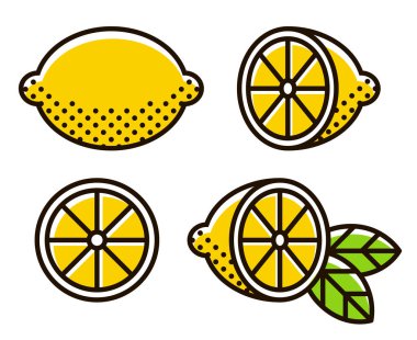 Retro yarım ton limonlar, çizgi simgesi seti. Limonlu, dilimlenmiş, yarısı yapraklı. Modern geometrik düz vektör çizimi.