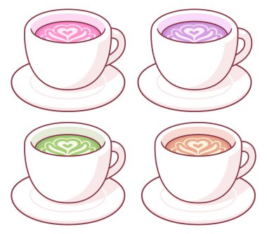 Pembe latte, mor latte, matcha latte fincanları. Yeni kahve içecekler, güzel çizim setleri. İzole vektör illüstrasyonu.