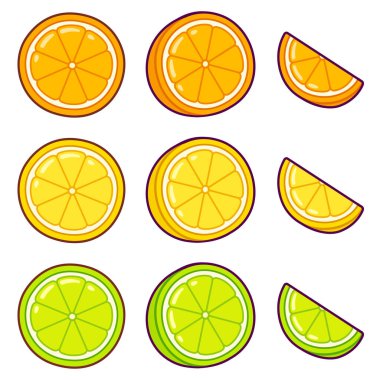 Çizgi film narenciye seti. Portakal, limon ve limon dilimi, yarısı, kama. Şirin vektör clipart illüstrasyonu.