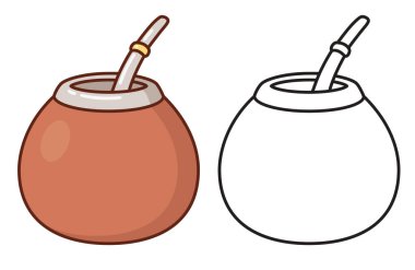 Basit yerba mate kabağı (kabak) ve saman (bombilla). Siyah-beyaz çizgi film ikonu ve renkli çizgi film çizimi. Basit vektör klibi resim çizimi.