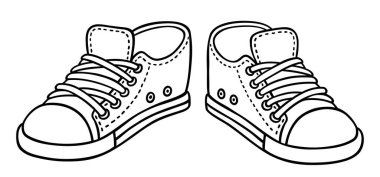 Bir çift el çizimi spor ayakkabısı. Siyah-beyaz renkli çizgiler. Çizim vektörü çizimi.