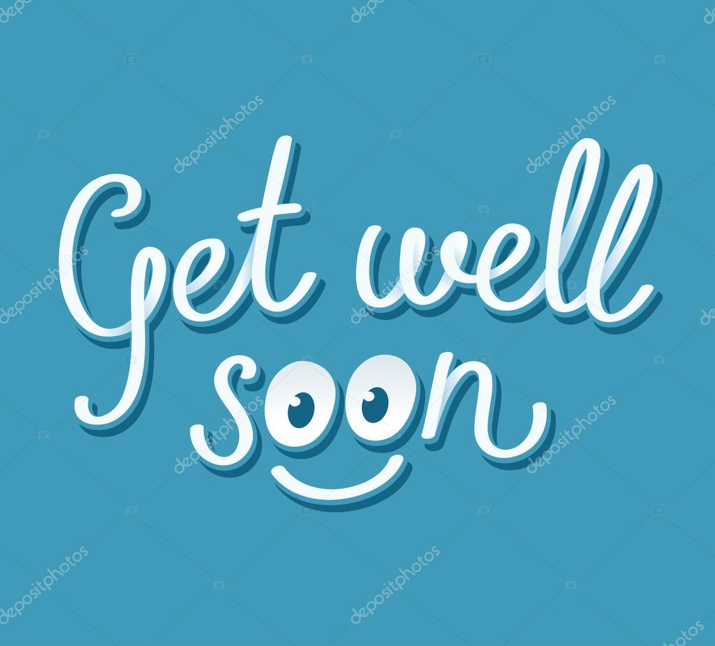 Get well soon handwritten card with cute smiley face. Vector illustration.