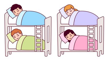 Küçük kızlar ve oğlanlar ranzada uyuyor. Çocuklar yatıya kalıyor, yaz kampı çizgi film çizimleri çiziyor..