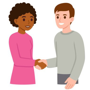 Genç beyaz adam ve siyah kadın el sıkışıyor. Sosyal toplantı ve iletişim. Basit düz çizgi film stili vektör klipsi sanat illüstrasyonu.