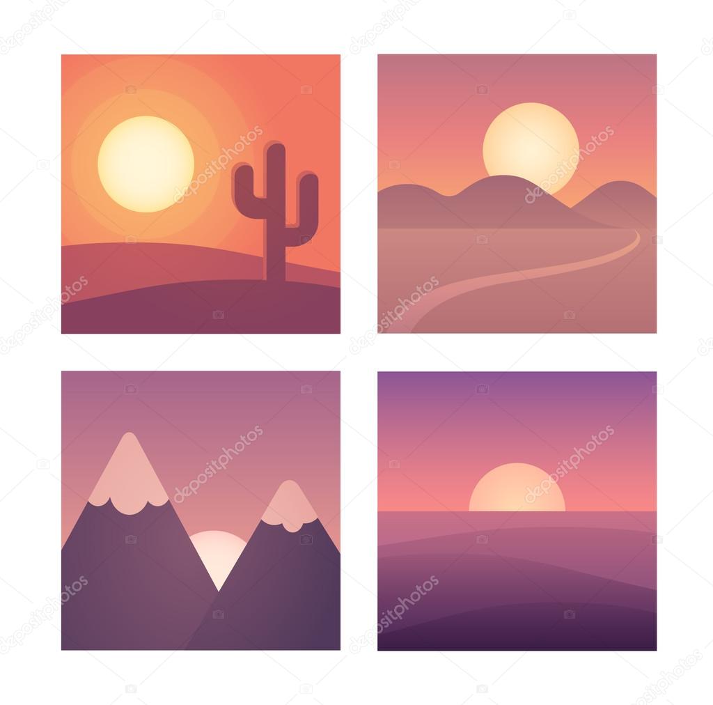 Flat sunset landscape set