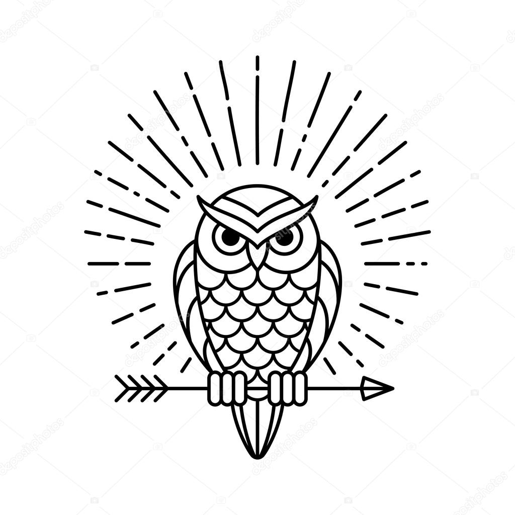 Owl outline emblem in geometric hipster style with arrow and beams. Vector line icon.