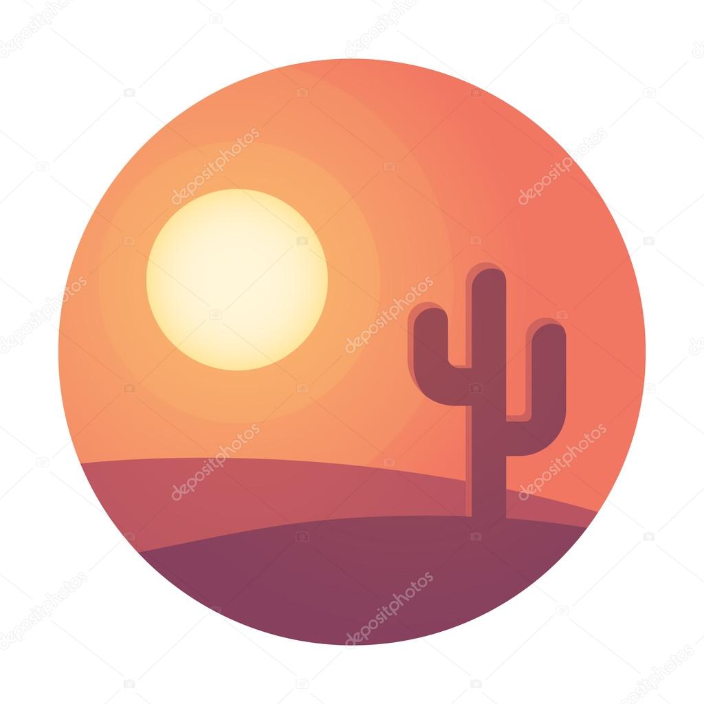Flat cartoon desert sunset landscape with cactus in circle. Background vector illustration.