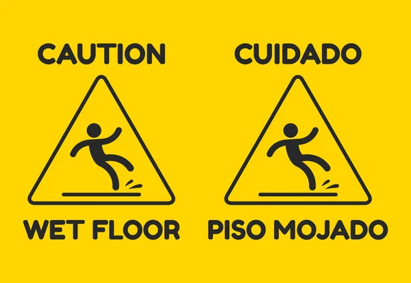 Sinal de piso molhado em inglês e espanhol —  Vetores de Stock