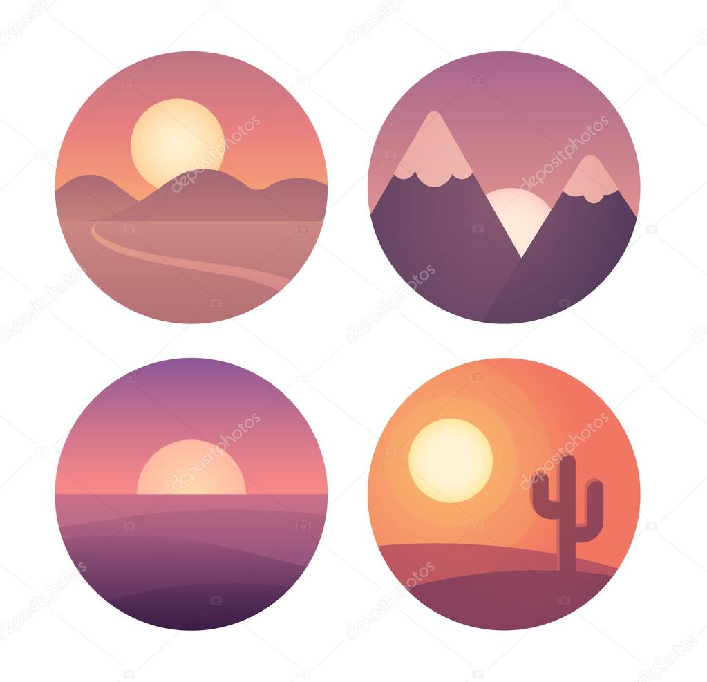 Flat sunset landscape set