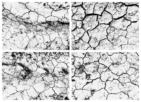 Set of cracked earth textures. Black and white texture. Cracks on the surface of dry soil. Structure of cracked ground.