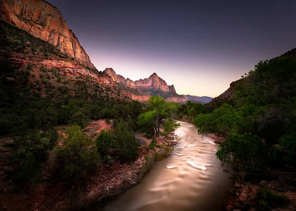 River Water Runs Zion National Park Utah Summer Sunset Popular — Photo