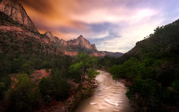 River Water Runs Zion National Park Utah Summer Sunset Popular — Photo