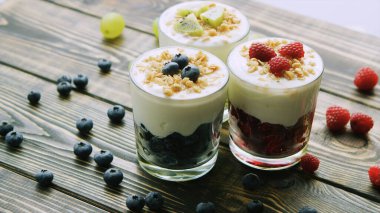 Dessert of their ripe fresh berries, raspberries and blueberries