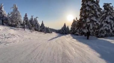 Dağ yamacında kar kayağı yapmak. Ekstrem spor ve yaşam tarzı konsepti