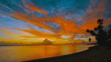 Sahilde gün batımı. Cennet kumsalı. Tropik cennet, beyaz kum, sahil, palmiye ağaçları ve temiz su..