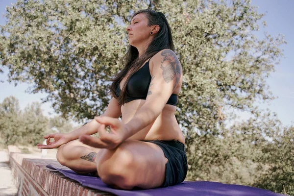 Attractive Young Woman Exercising Tattooed Caucasian Woman Practicing Outdoor Meditation — Stock Photo, Image