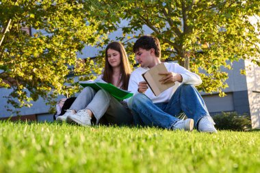 İki üniversite öğrencisi ödevlerini yapıyor, güneşli bir günde çimenli bir çimlerin altında oturuyor.