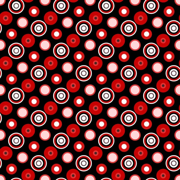 Cercles rouge vif sur un fond noir motif géométrique sans couture — Image vectorielle