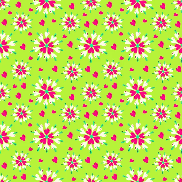 Fleurs et cœurs sur un fond vert motif sans couture — Image vectorielle