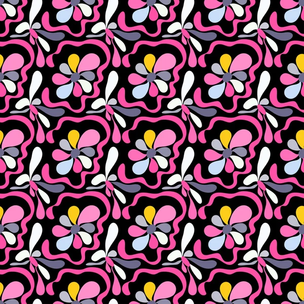 Flores abstractas de color rosa sobre un fondo negro patrón sin costuras — Vector de stock