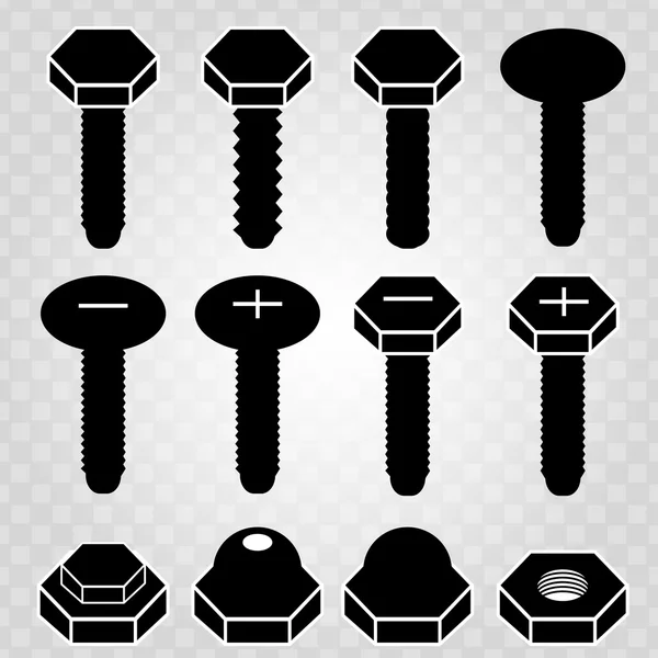 Black screws collection of isolated objects — Stock Vector